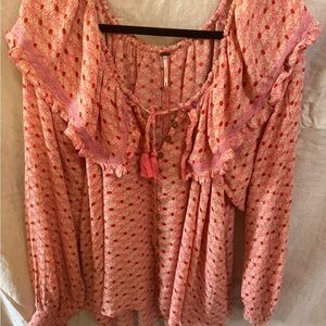Woman’s Free People Pink and Red Ruffle Blouse large with buttons